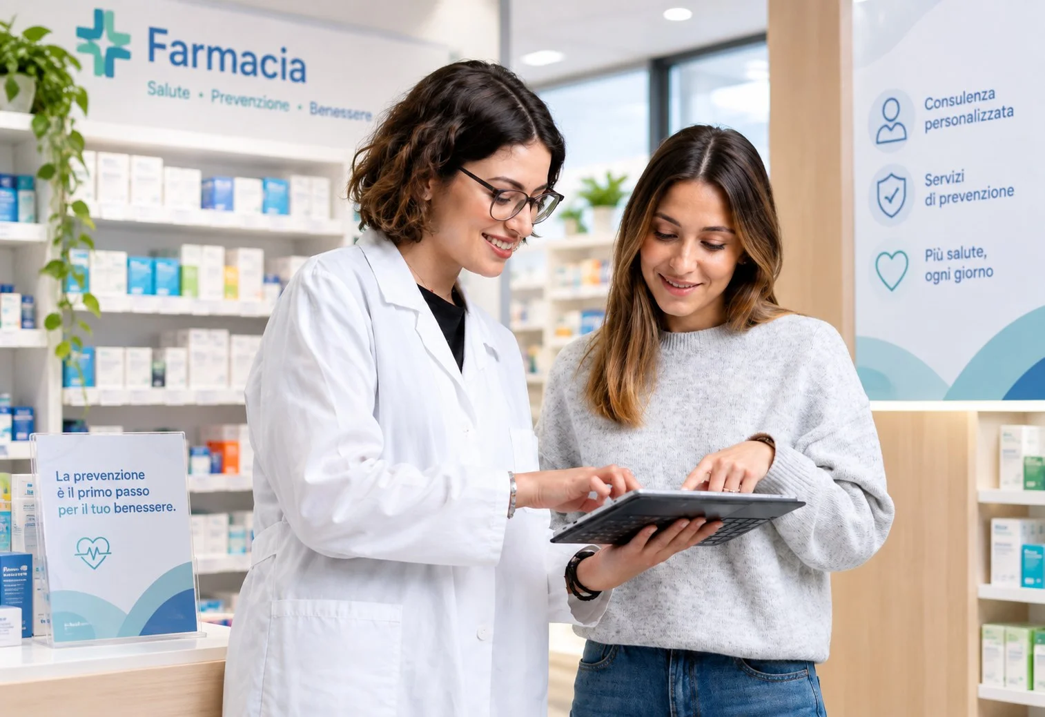 Prevenger con tablet in farmacia